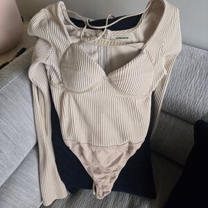Manière De Voir Ribbed Cream Bodysuit